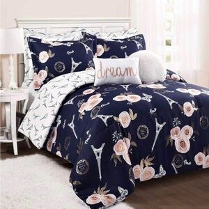 Floral Parisian Bedding Set - Navy and Pink